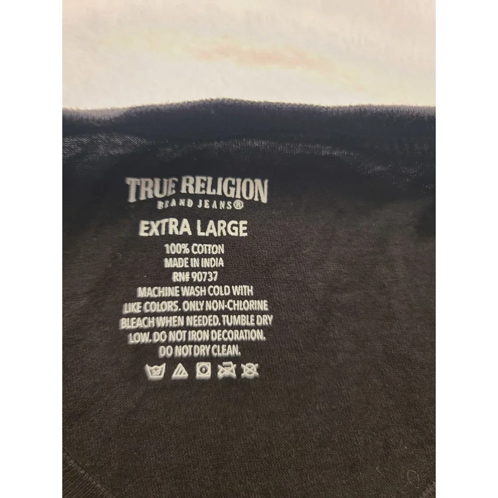 True Religion Men's Black V-Neck T-Shirt‎ XL Cotton Orange Logo Graphic Tee